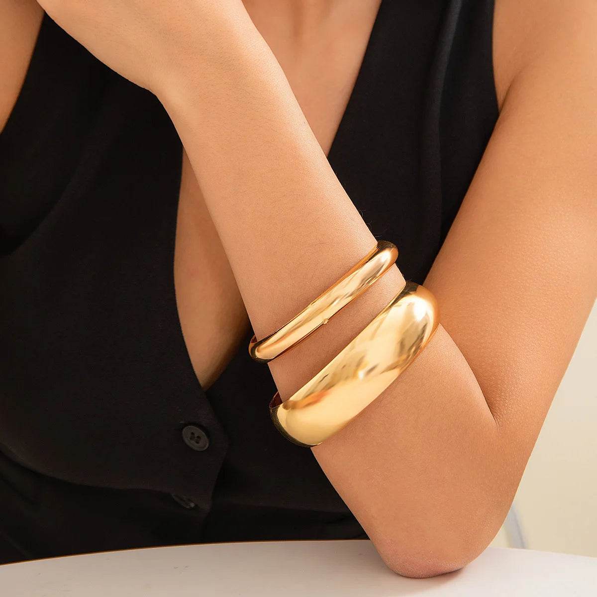 2Pcs/Set Punk Classic Gold Color Wide Bangles - HORA GIFT