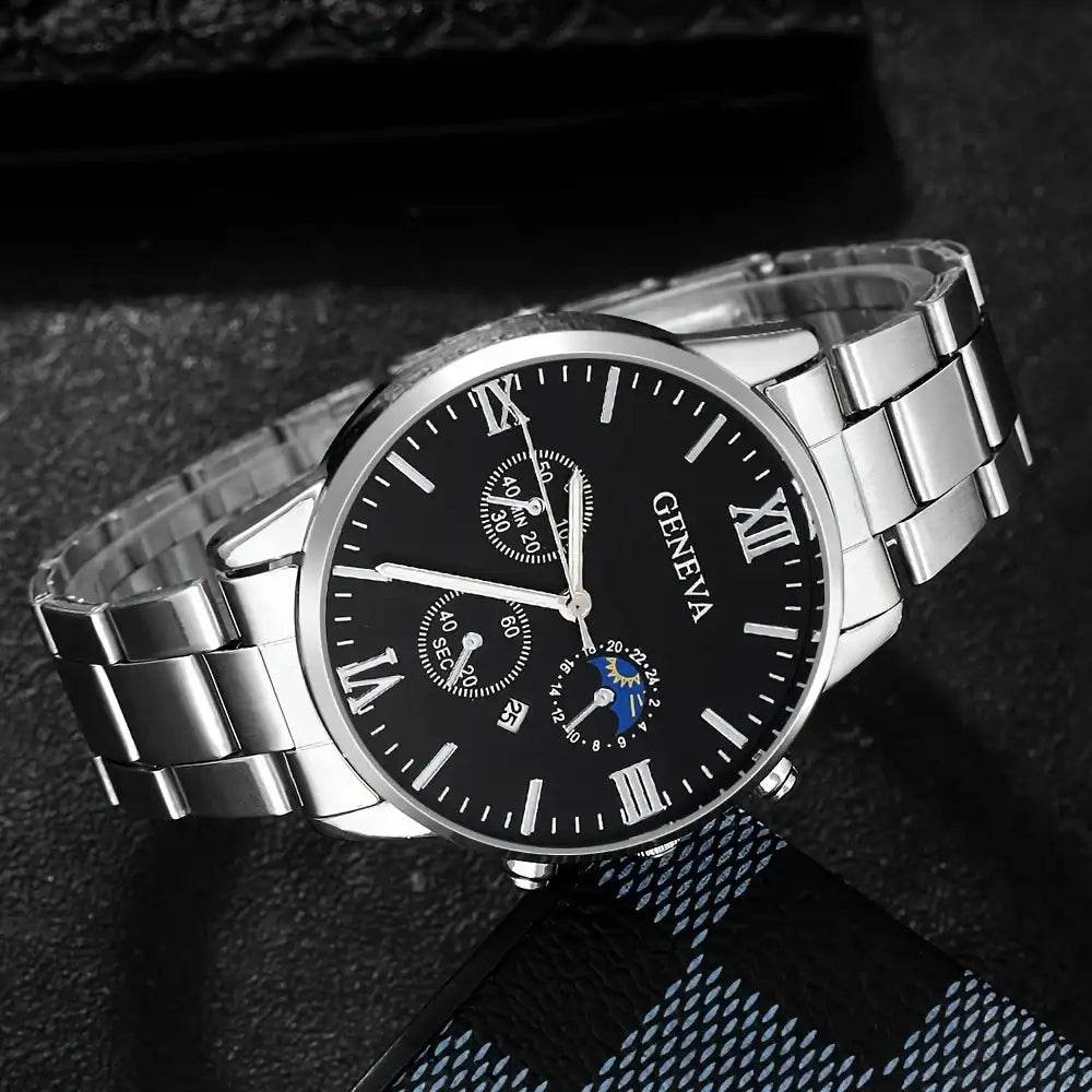 Men's Fashion 4-Piece Set: Calendar Quartz Watch, Silver Cross Pendant Necklace, Ring and Bracelet - HORA GIFT