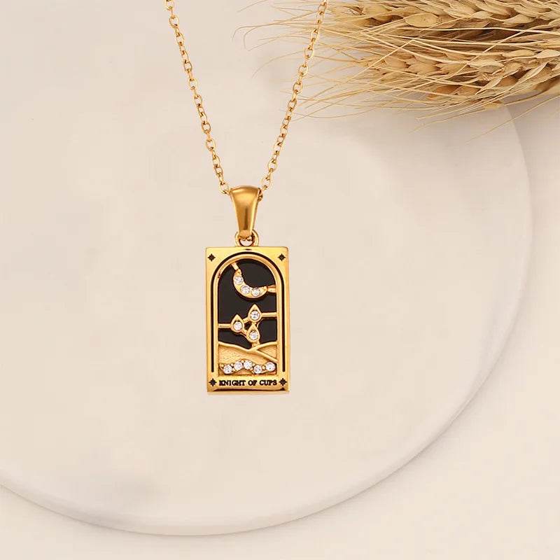 YILUOCD Original Zirconia Tarot Card Necklace Classic Tarot Queen Lover Magician Moon Wealth Amulet Stainless Steel Jewelry - HORA GIFT