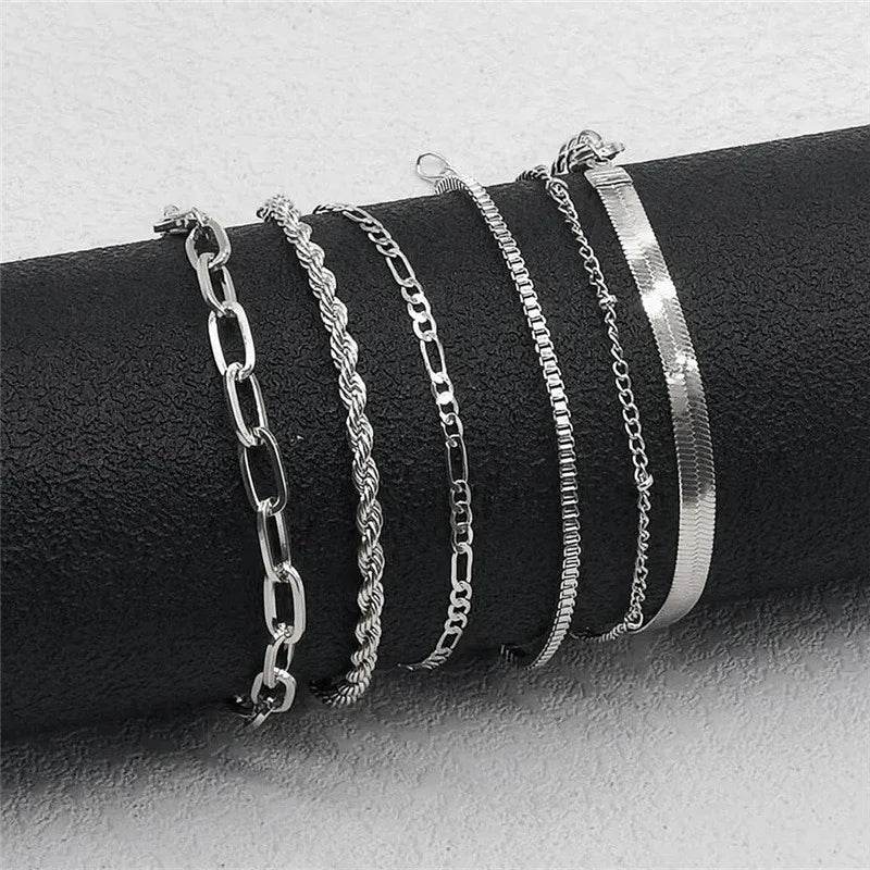 6Pcs Gold Color Multilayer Bracelet Set Boho Retro Thick Twist Cuban Chain Bracelet - HORA GIFT