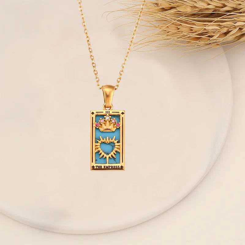 YILUOCD Original Zirconia Tarot Card Necklace Classic Tarot Queen Lover Magician Moon Wealth Amulet Stainless Steel Jewelry - HORA GIFT