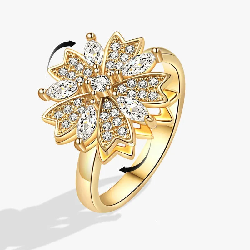 Korean Woman Anxiety Relaxing Ring Multiple Crystal Sunflower Snowflake Knuckle Rings Anti Stress Jewelry Girls Rotating Gift