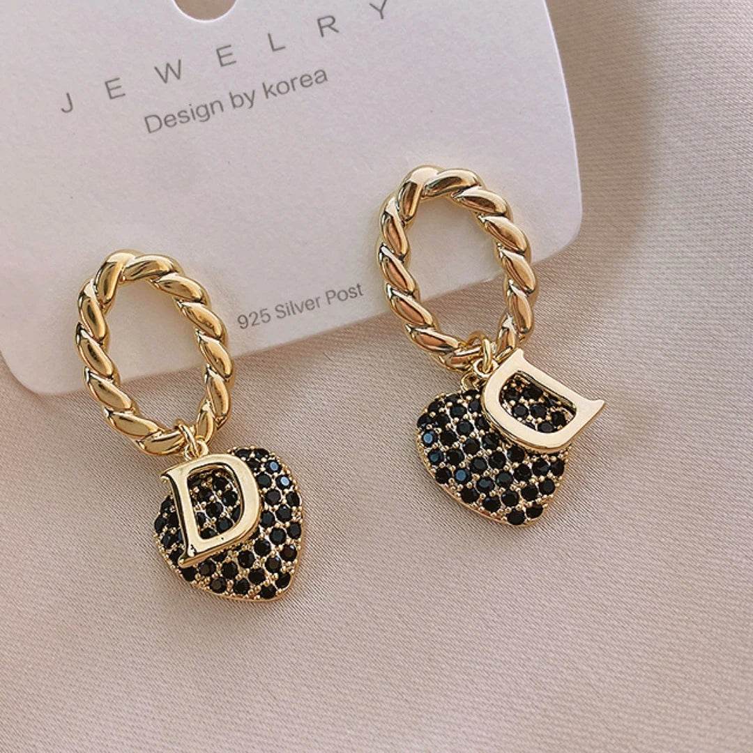 Golden Earrings D Letter Zircon Heart Shaped Pendant Retro Versatile Women's Jewelry - HORA GIFT