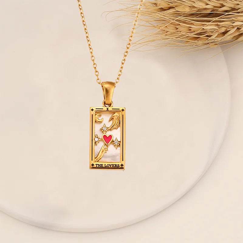 YILUOCD Original Zirconia Tarot Card Necklace Classic Tarot Queen Lover Magician Moon Wealth Amulet Stainless Steel Jewelry - HORA GIFT
