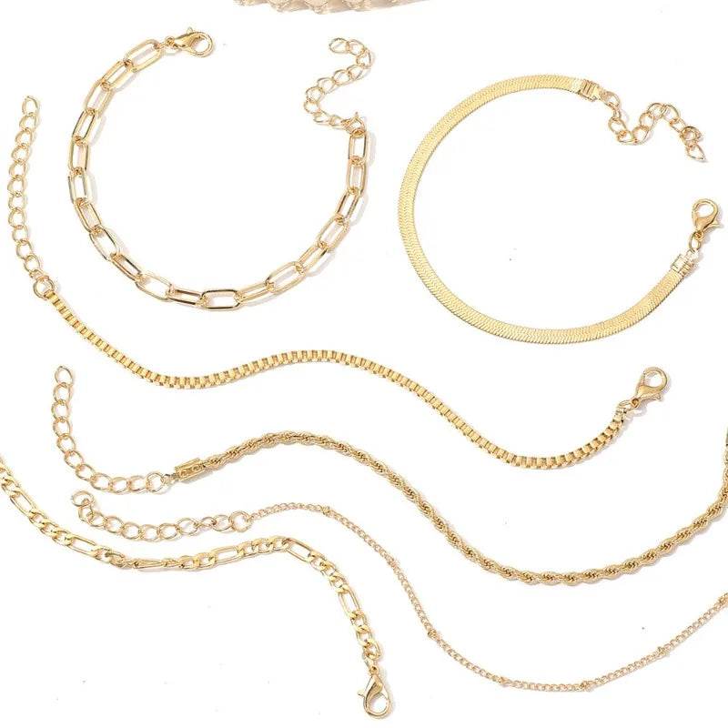 6Pcs Gold Color Multilayer Bracelet Set Boho Retro Thick Twist Cuban Chain Bracelet - HORA GIFT