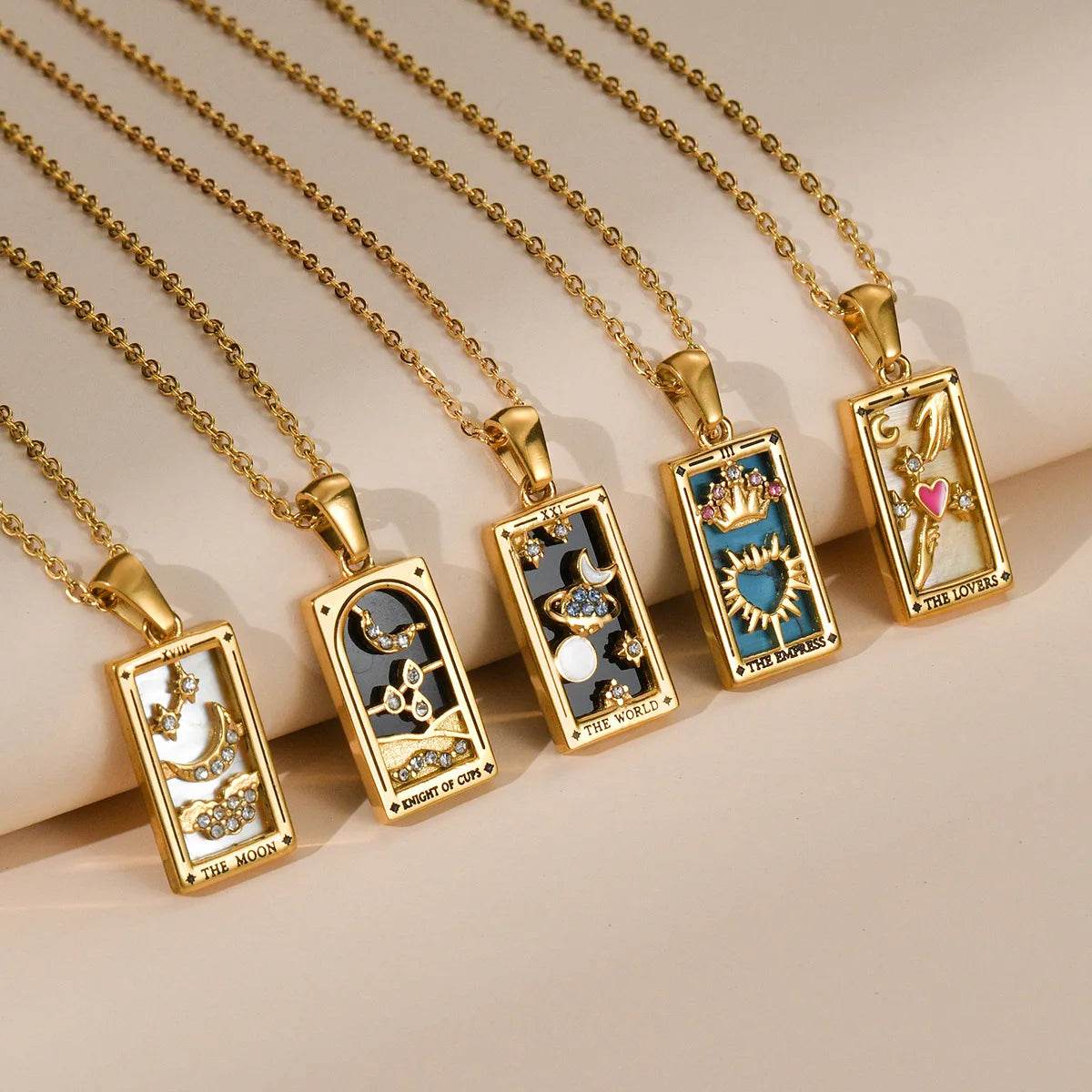 YILUOCD Original Zirconia Tarot Card Necklace Classic Tarot Queen Lover Magician Moon Wealth Amulet Stainless Steel Jewelry - HORA GIFT