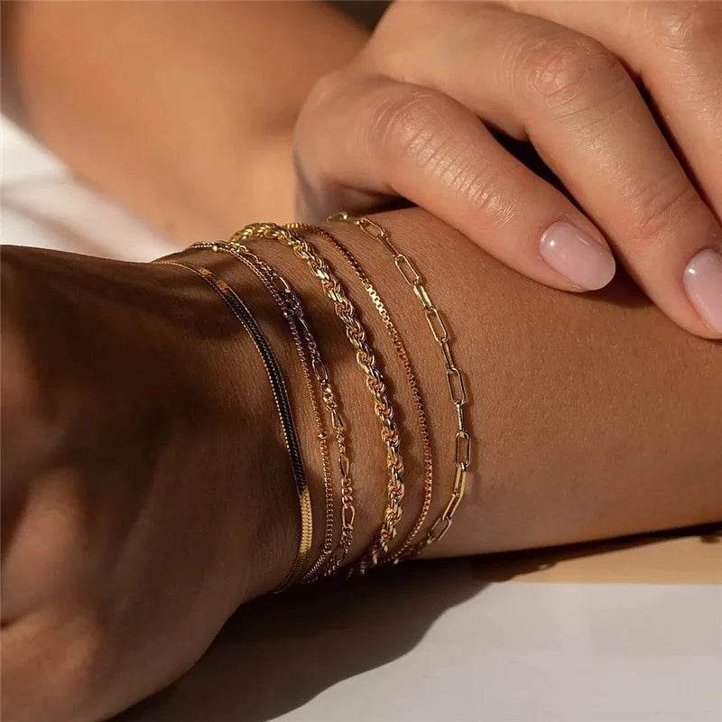 6Pcs Gold Color Multilayer Bracelet Set Boho Retro Thick Twist Cuban Chain Bracelet - HORA GIFT