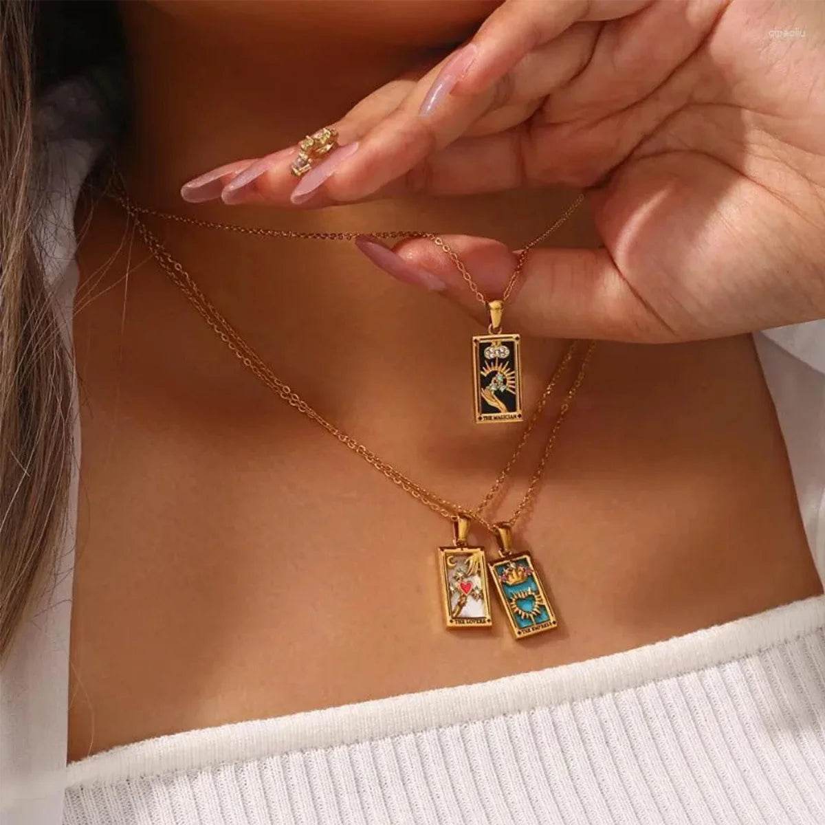 YILUOCD Original Zirconia Tarot Card Necklace Classic Tarot Queen Lover Magician Moon Wealth Amulet Stainless Steel Jewelry - HORA GIFT