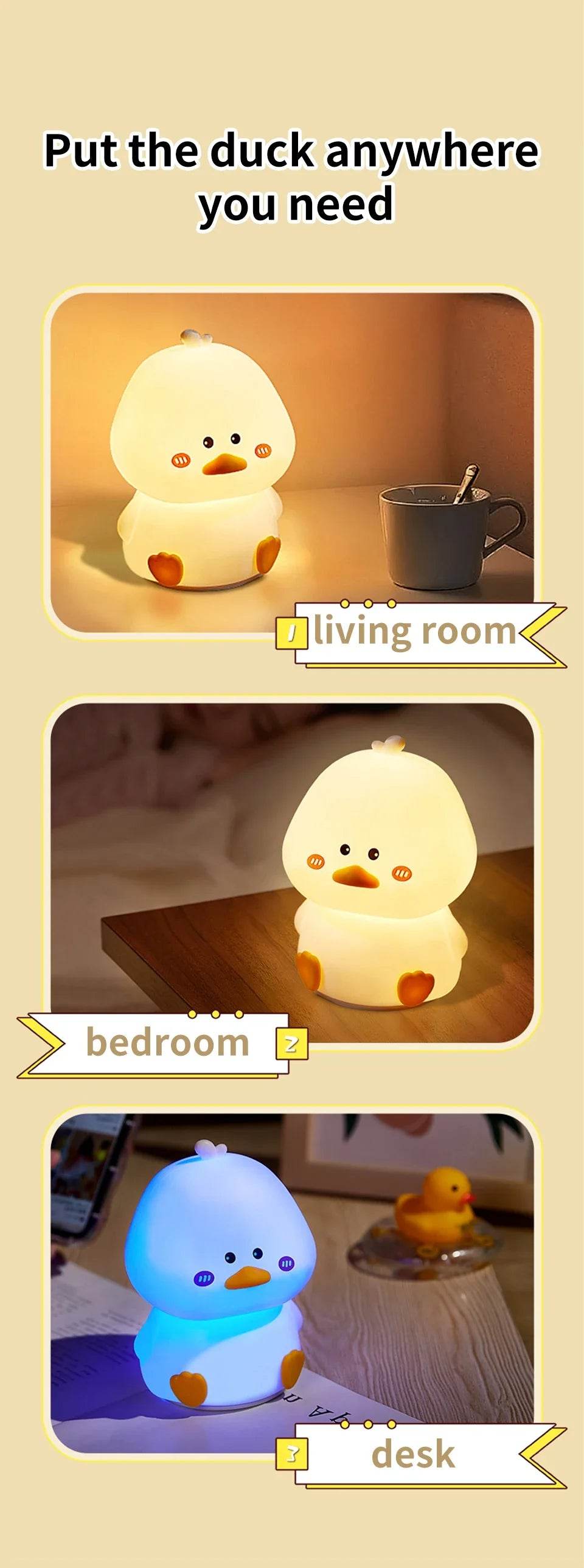 Rechargeable LED Night Light Cute Duck Silicone Patting Lamp Nursery Children Nightlights Home Bedside Room Decor Birthday Gift - HORA GIFT