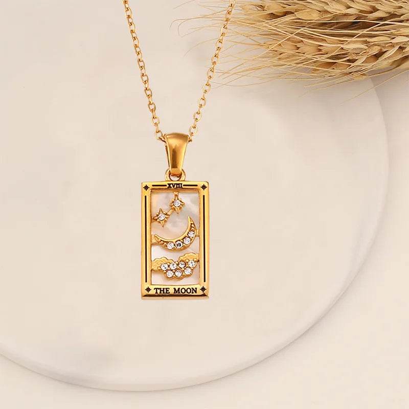 YILUOCD Original Zirconia Tarot Card Necklace Classic Tarot Queen Lover Magician Moon Wealth Amulet Stainless Steel Jewelry - HORA GIFT