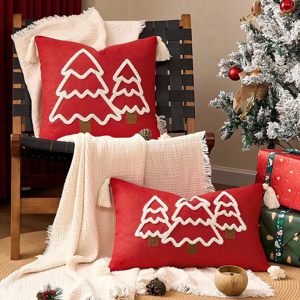 Battilo Christmas Throw Pillow Cover with Tassels Decorative Green Tufted Pillowcase for Sofa Bed Cushion Case for Home Decor