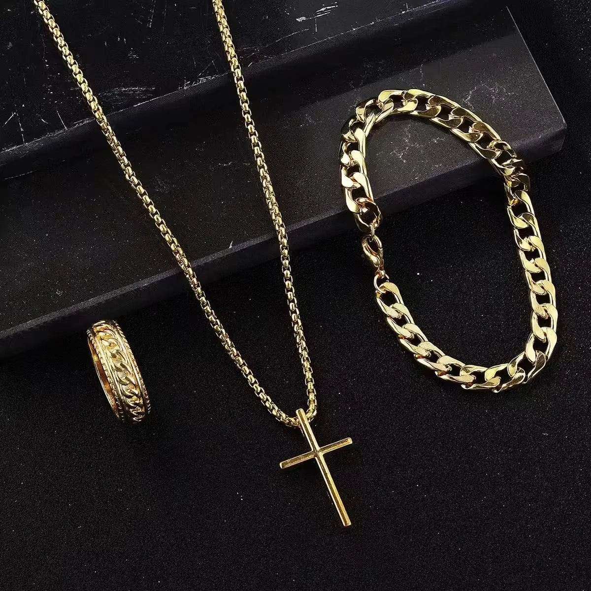 Men's Stainless Steel Jewelry Set: Cross Pendant Necklace + Cuban Link Bracelet + Engraved Band Ring - Fashion Hip Hop Accessori