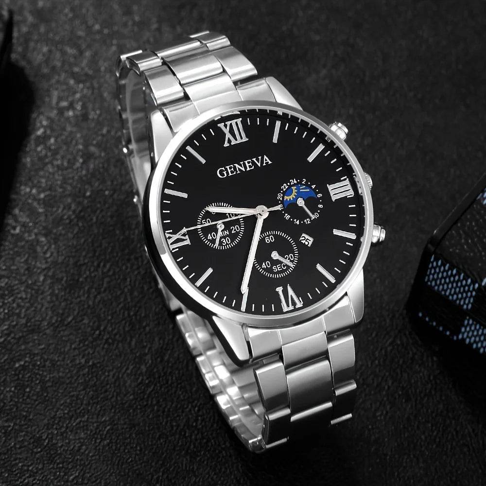 Men's Fashion 4-Piece Set: Calendar Quartz Watch, Silver Cross Pendant Necklace, Ring and Bracelet - HORA GIFT