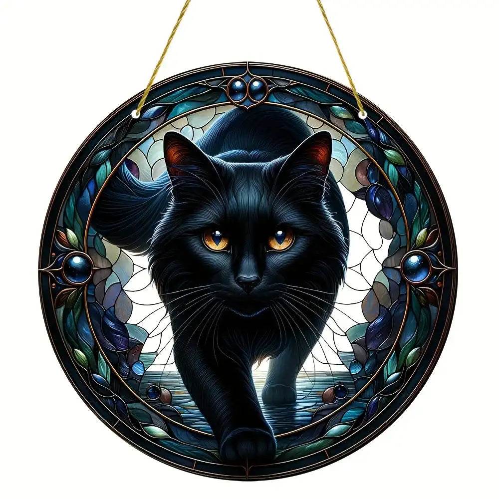 Black Cat Suncatcher - Acrylic Stained Style Window Hanging - HORA GIFT