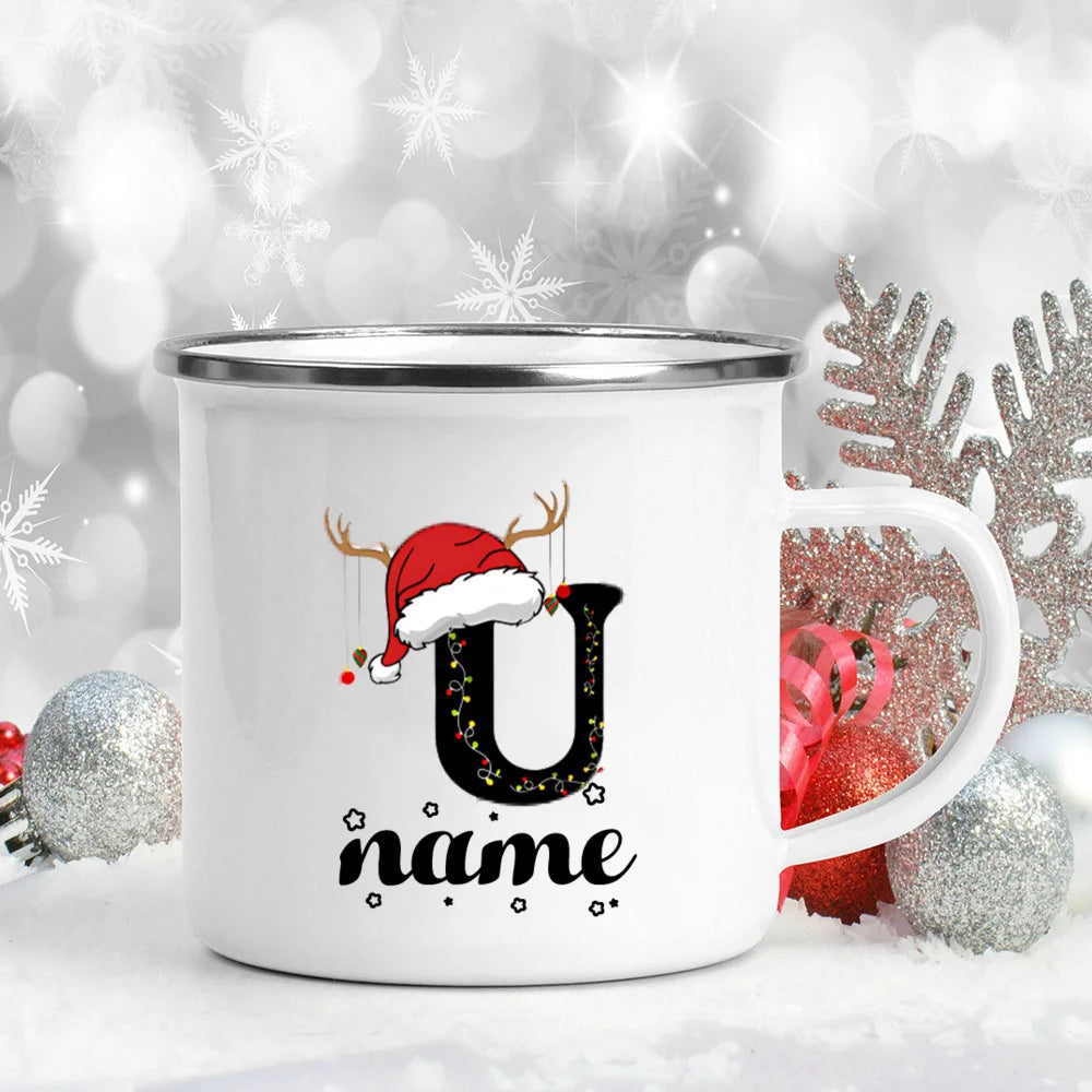 Personlized Christmas Cup Initial with Name Hot Cocoa Chocolate Mug Drink Jiuce Enamel Mugs Xmas Gifts for Kids Friends Family
