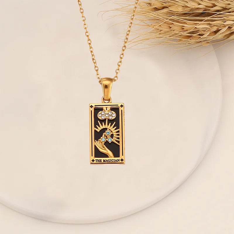 YILUOCD Original Zirconia Tarot Card Necklace Classic Tarot Queen Lover Magician Moon Wealth Amulet Stainless Steel Jewelry - HORA GIFT