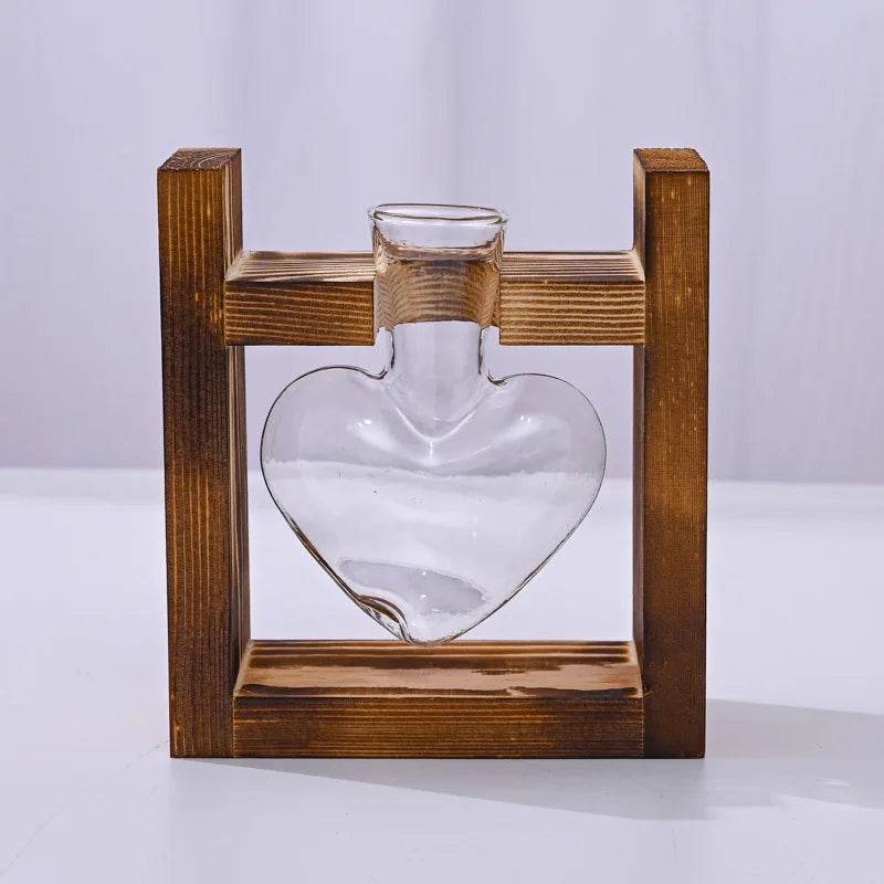 Heart Hydroponic Plant Vases Glass Vase Wooden Frame Terrarium Vase - HORA GIFT