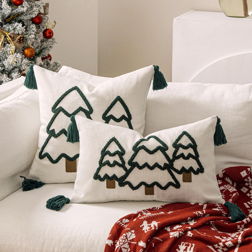Battilo Christmas Throw Pillow Cover with Tassels Decorative Green Tufted Pillowcase for Sofa Bed Cushion Case for Home Decor