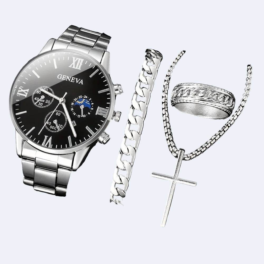 Men's Fashion 4-Piece Set: Calendar Quartz Watch, Silver Cross Pendant Necklace, Ring and Bracelet - HORA GIFT