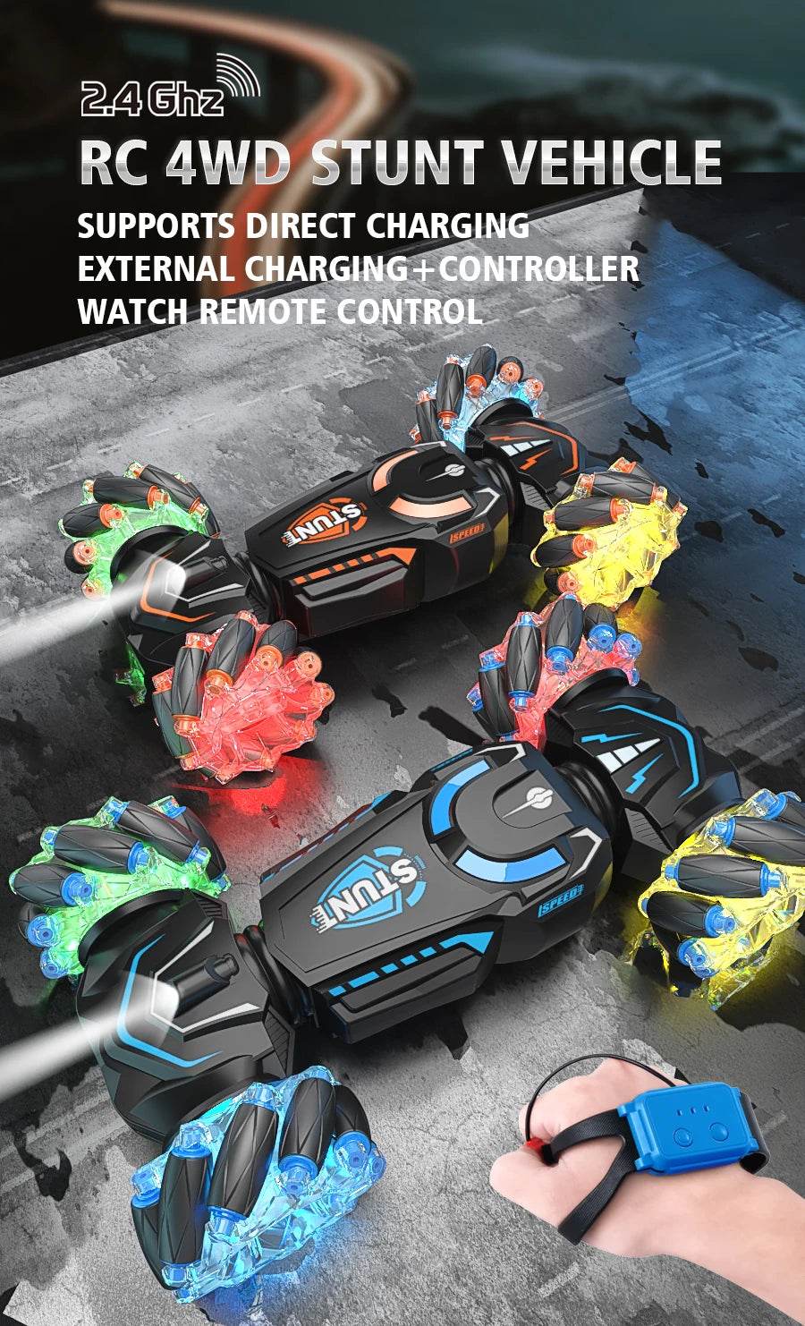 4WD RC stunt car rotation drift 2.4G wireless remote control car children's and boys sound and light toy car - HORA GIFT