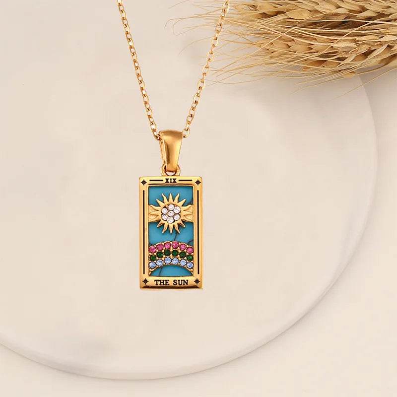 YILUOCD Original Zirconia Tarot Card Necklace Classic Tarot Queen Lover Magician Moon Wealth Amulet Stainless Steel Jewelry - HORA GIFT
