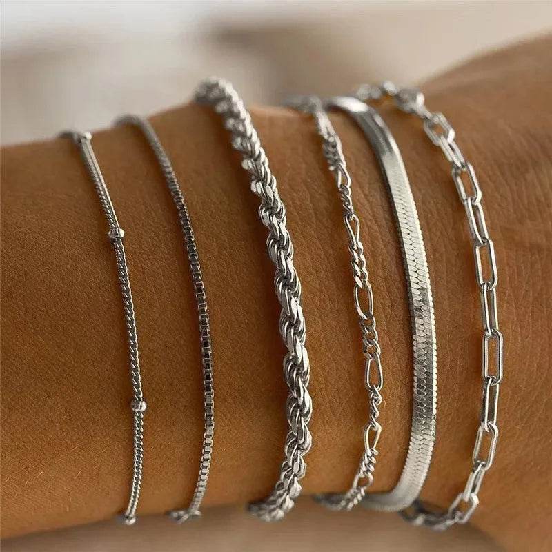 6Pcs Gold Color Multilayer Bracelet Set Boho Retro Thick Twist Cuban Chain Bracelet - HORA GIFT