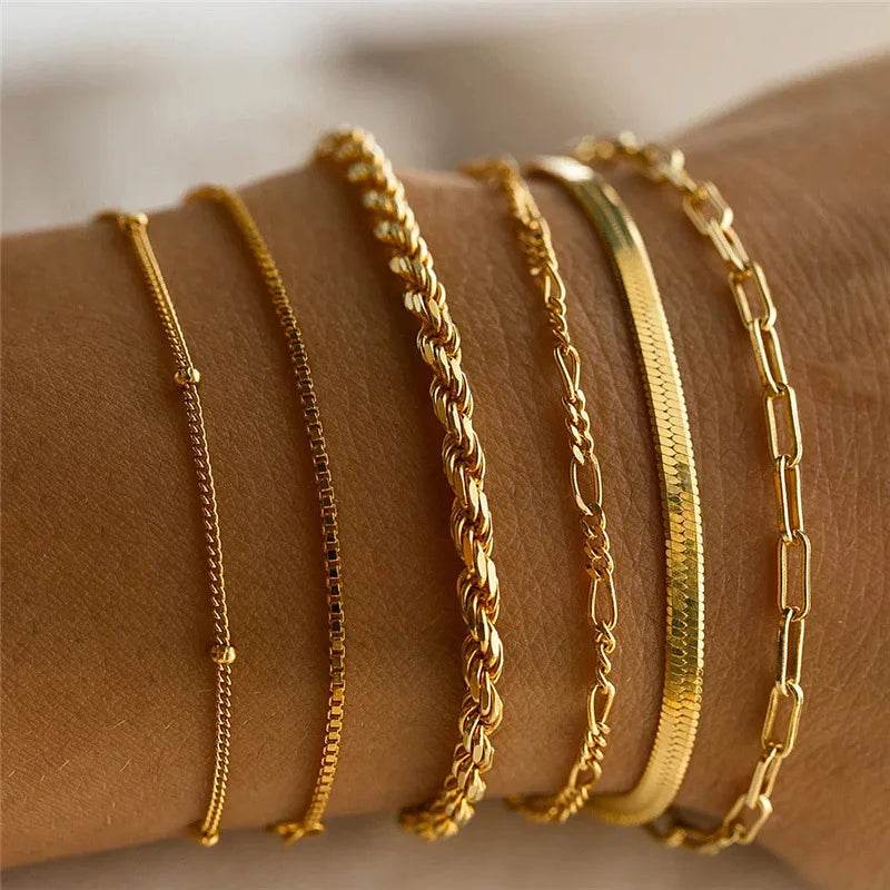 6Pcs Gold Color Multilayer Bracelet Set Boho Retro Thick Twist Cuban Chain Bracelet - HORA GIFT