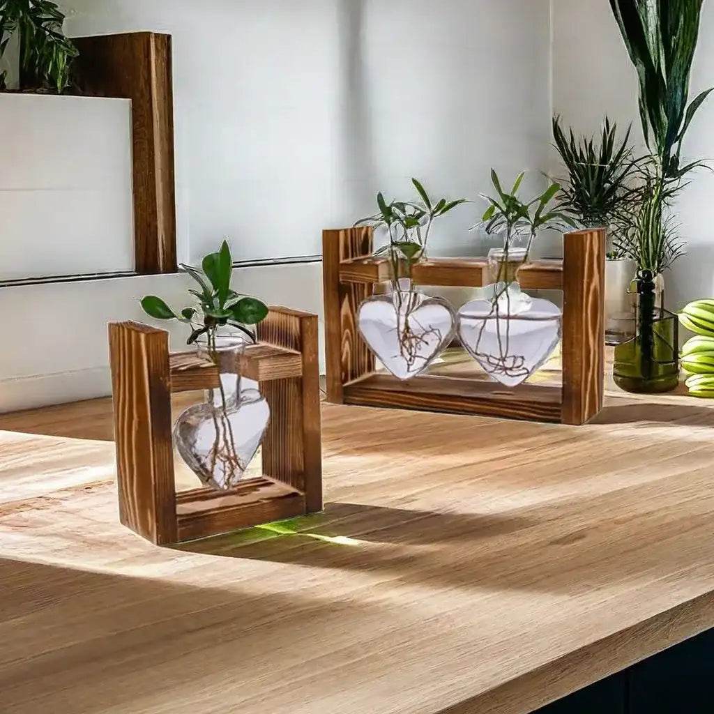 Heart Hydroponic Plant Vases Glass Vase Wooden Frame Terrarium Vase - HORA GIFT