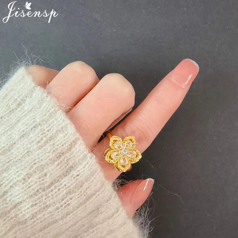 Korean Woman Anxiety Relaxing Ring Multiple Crystal Sunflower Snowflake Knuckle Rings Anti Stress Jewelry Girls Rotating Gift