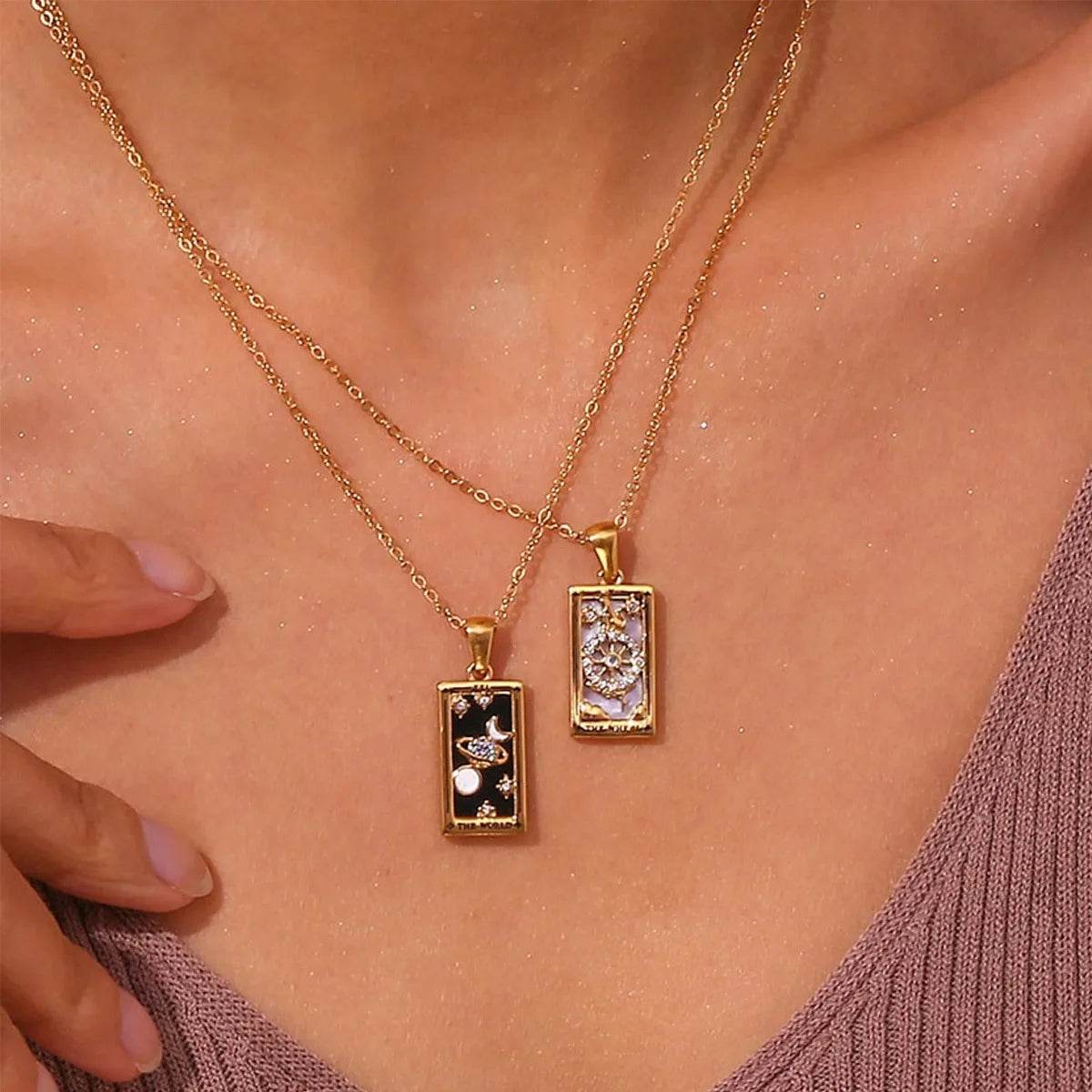 YILUOCD Original Zirconia Tarot Card Necklace Classic Tarot Queen Lover Magician Moon Wealth Amulet Stainless Steel Jewelry - HORA GIFT