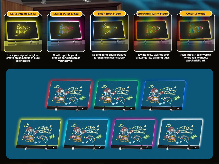 LED Note Board Night Light with 7 Colors & Flashing Mode Acrylic Dry Erase Drawing Board for Birthday/Holiday Gift office home