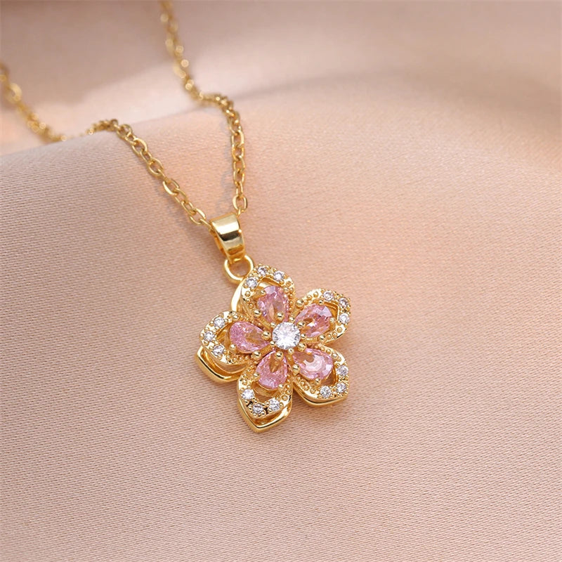 Korean Fashion Rotatable Crystal Flower Heart Pendant Necklaces for Women Stainless Steel Chokers Wedding Party Jewelry