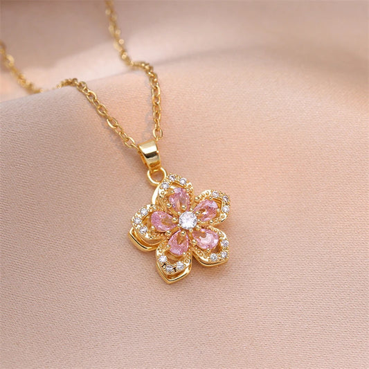 Korean Fashion Rotatable Crystal Flower Heart Pendant Necklaces for Women Stainless Steel Chokers Wedding Party Jewelry
