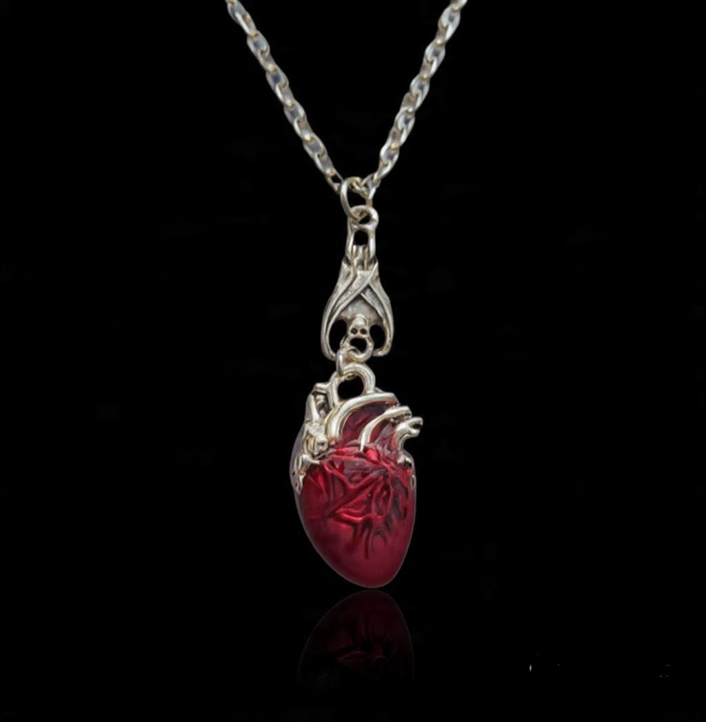 Anatomical Heart Pendant Necklace, Red Silver Pendant, Gothic Style Jewelry