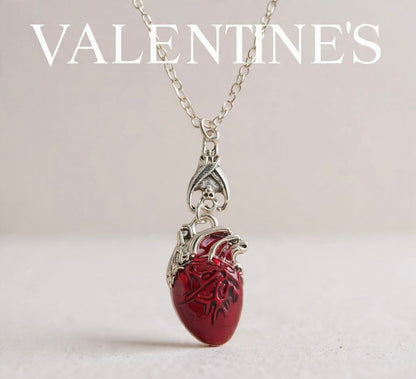 Anatomical Heart Pendant Necklace, Red Silver Pendant, Gothic Style Jewelry