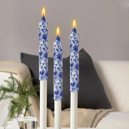 9 Inch Blue White Porcelain Taper Candles Flowers Printed 4 Pack Smokeless Unscented Home Decor Special Occasions