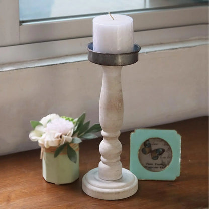 Paris Loft White Distressed Carved Wooden Pillar Candle Holder for Table Mantle, Shabby Chic Wooden Candle Holder Stick Stand fo