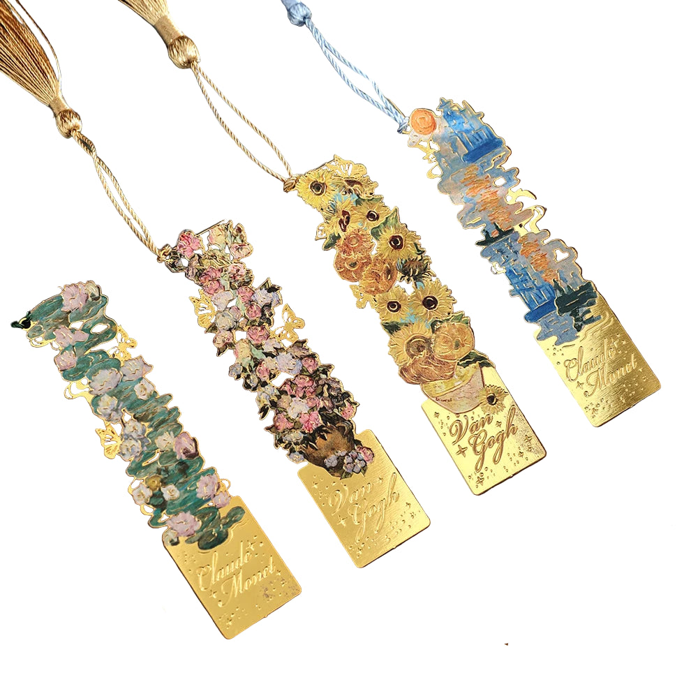 IMODA Stationery 8pcs/pack Golden Hollow Metal Bookmark With Tassel Van Gogh Painting Book Marks for Students Teachers Men Women