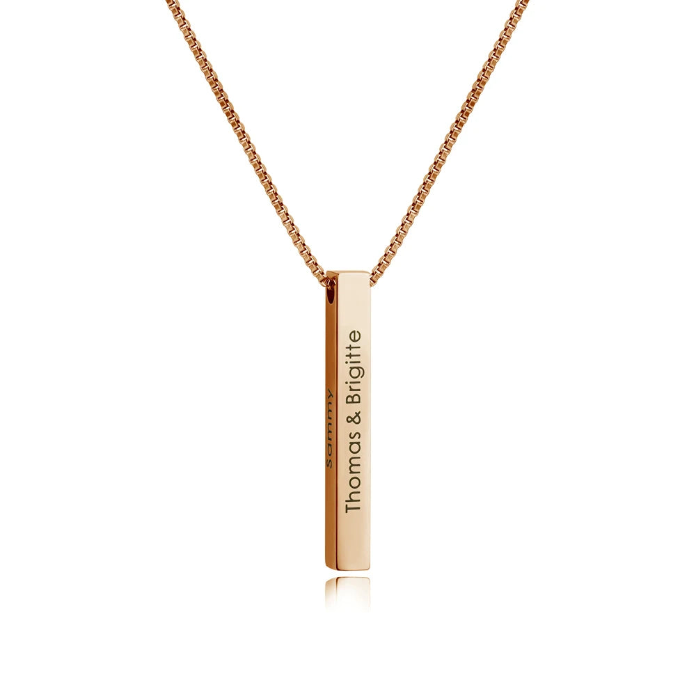 3D Vertical Bar Necklace Personalized 4 Side Engraved Text Box Chain Stainless Steel Jewelry Gifts for Women Men 4 Colors