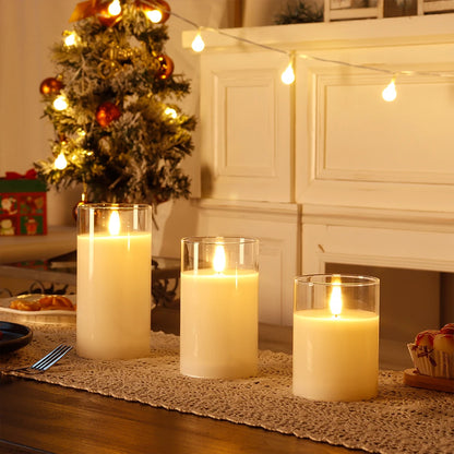 Set of 3 Glass Wax Flameless 3D LED Candles White Flickering Battery Candles with 8-Key Remote Control Timer for Christmas