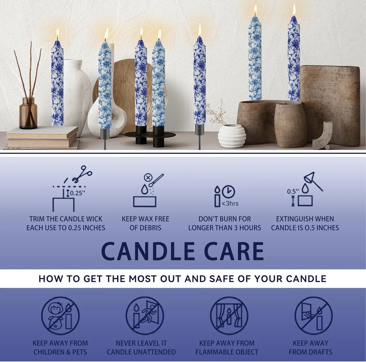 9 Inch Blue White Porcelain Taper Candles Flowers Printed 4 Pack Smokeless Unscented Home Decor Special Occasions