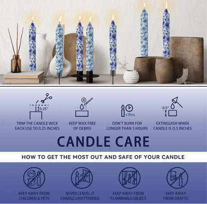 9 Inch Blue White Porcelain Taper Candles Flowers Printed 4 Pack Smokeless Unscented Home Decor Special Occasions
