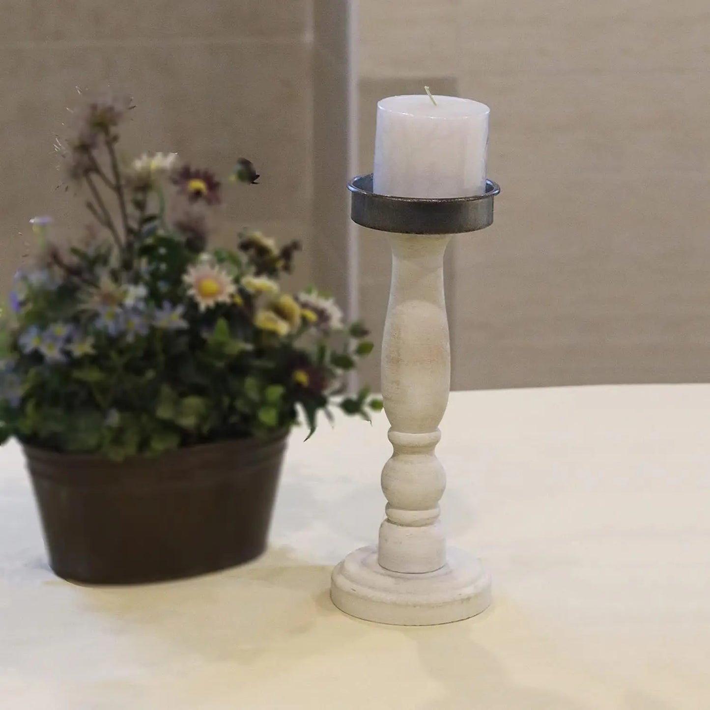 Paris Loft White Distressed Carved Wooden Pillar Candle Holder for Table Mantle, Shabby Chic Wooden Candle Holder Stick Stand fo