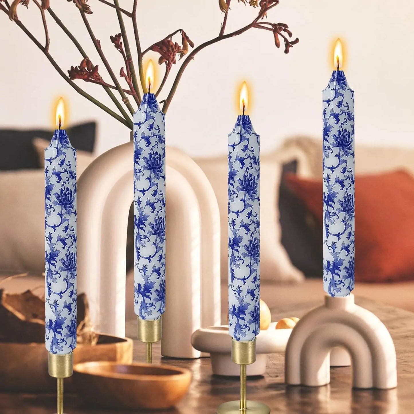 9 Inch Blue White Porcelain Taper Candles Flowers Printed 4 Pack Smokeless Unscented Home Decor Special Occasions