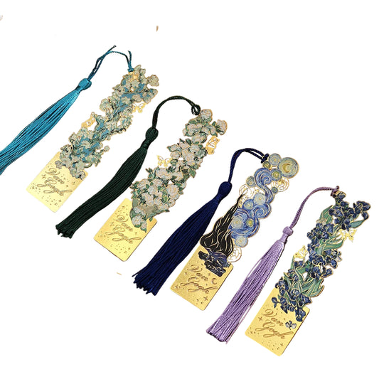 IMODA Stationery 8pcs/pack Golden Hollow Metal Bookmark With Tassel Van Gogh Painting Book Marks for Students Teachers Men Women