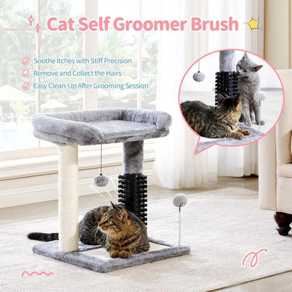 Post Natural Sisal Plush Perch Bed  Dangling Toys Small 4-in-1 Cat Tree with Self Groomer - 20" Tall Grey Indoor Cat Scratching