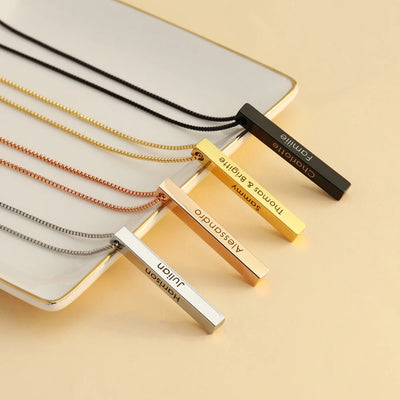 3D Vertical Bar Necklace Personalized 4 Side Engraved Text Box Chain Stainless Steel Jewelry Gifts for Women Men 4 Colors