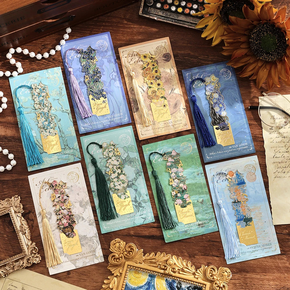 IMODA Stationery 8pcs/pack Golden Hollow Metal Bookmark With Tassel Van Gogh Painting Book Marks for Students Teachers Men Women