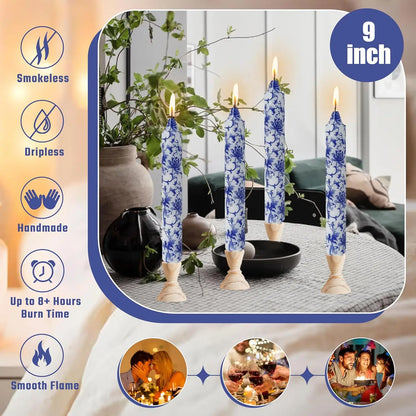 9 Inch Blue White Porcelain Taper Candles Flowers Printed 4 Pack Smokeless Unscented Home Decor Special Occasions