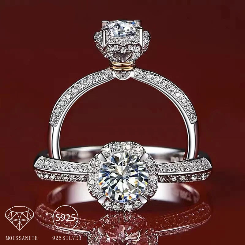 925 Sterling Silver 1 Carat Moissanite Two Tone Flower Ring for Lady and Man Fashionable Engagement Marriage Proposal Ring